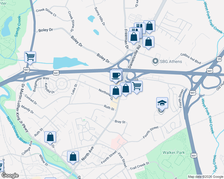 map of restaurants, bars, coffee shops, grocery stores, and more near 146-198 Northcrest Drive in Athens