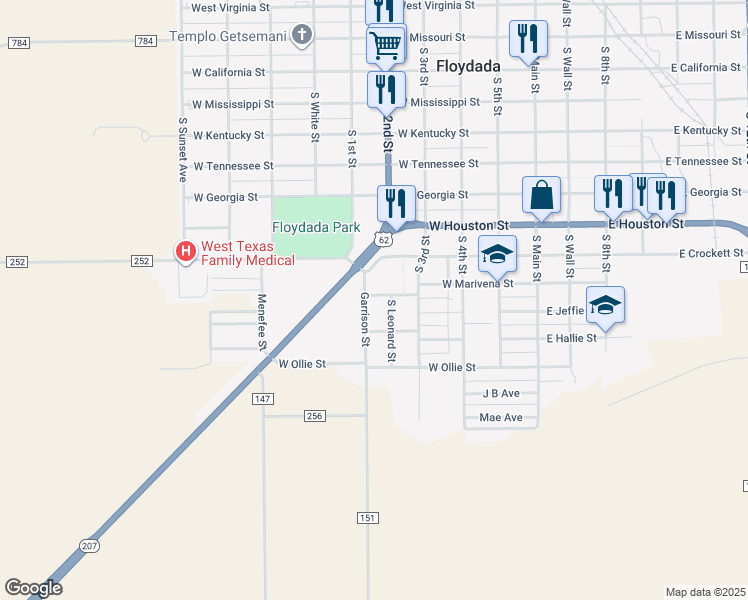 map of restaurants, bars, coffee shops, grocery stores, and more near Childers Street in Floydada