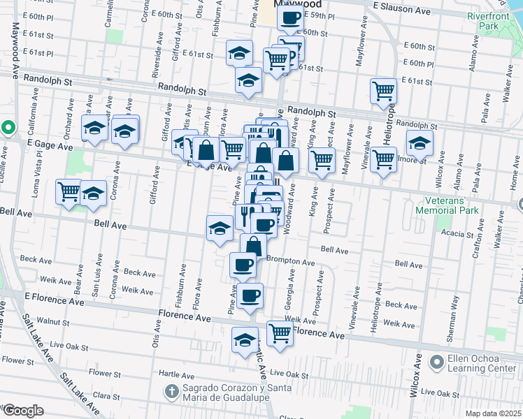 map of restaurants, bars, coffee shops, grocery stores, and more near 6607 Atlantic Avenue in Bell