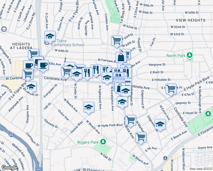 map of restaurants, bars, coffee shops, grocery stores, and more near 1217 Centinela Avenue in Inglewood