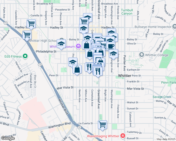 map of restaurants, bars, coffee shops, grocery stores, and more near 7222 Milton Avenue in Whittier