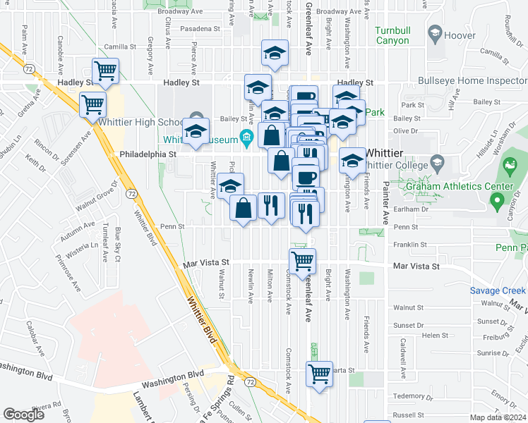 map of restaurants, bars, coffee shops, grocery stores, and more near 7222 Milton Avenue in Whittier