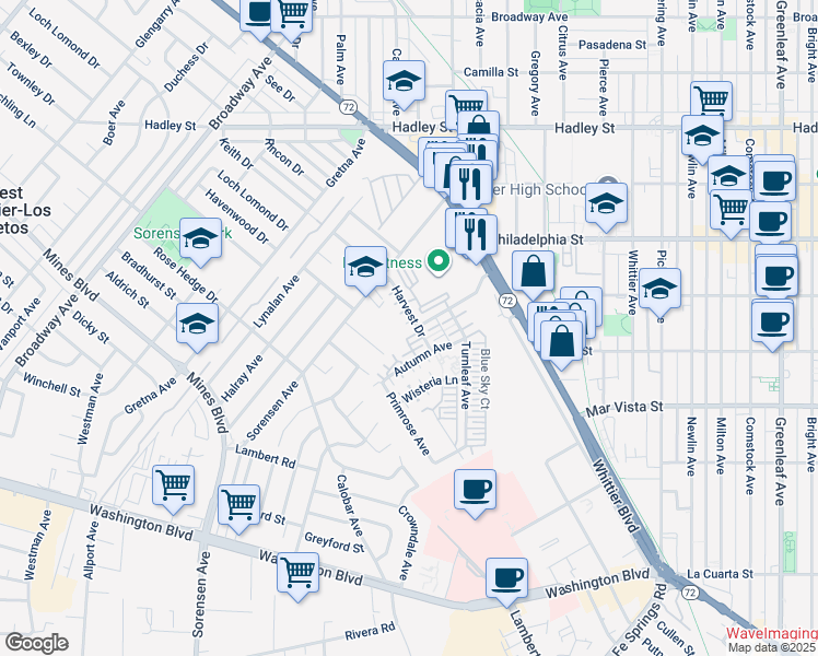 map of restaurants, bars, coffee shops, grocery stores, and more near 12108 Walnut Grove Drive in Whittier