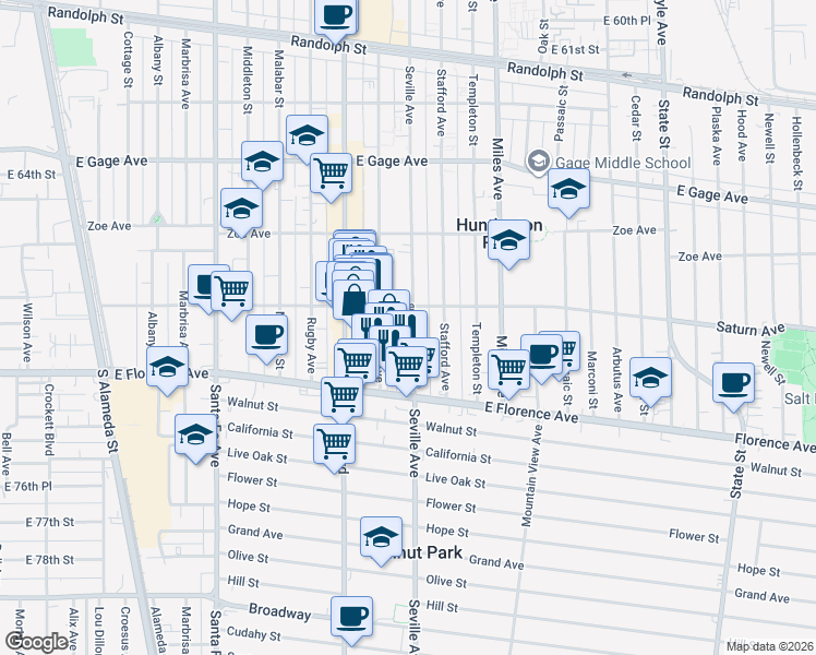 map of restaurants, bars, coffee shops, grocery stores, and more near 6913 Seville Avenue in Huntington Park