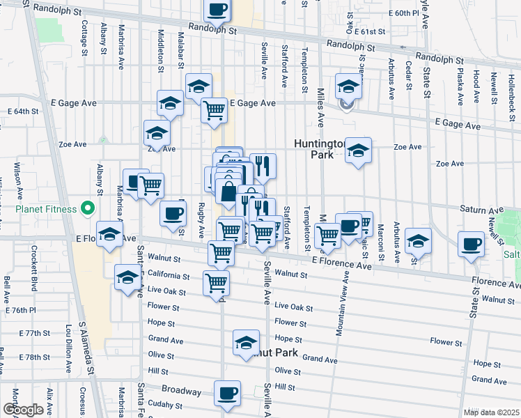 map of restaurants, bars, coffee shops, grocery stores, and more near 6913 Seville Avenue in Huntington Park