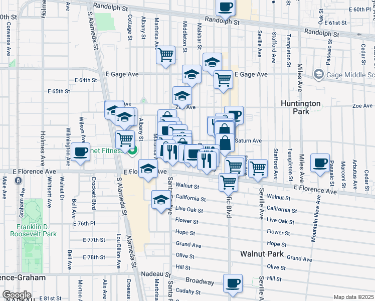 map of restaurants, bars, coffee shops, grocery stores, and more near 6908 Middleton Street in Huntington Park