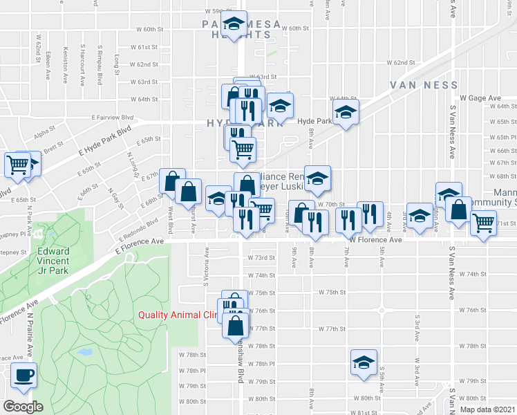 map of restaurants, bars, coffee shops, grocery stores, and more near 6812 Crenshaw Boulevard in Los Angeles