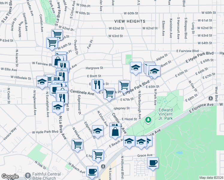 map of restaurants, bars, coffee shops, grocery stores, and more near 564 East Hillsdale Street in Inglewood