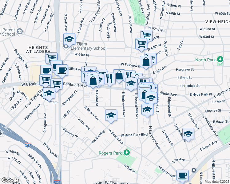 map of restaurants, bars, coffee shops, grocery stores, and more near 1319 Centinela Avenue in Inglewood