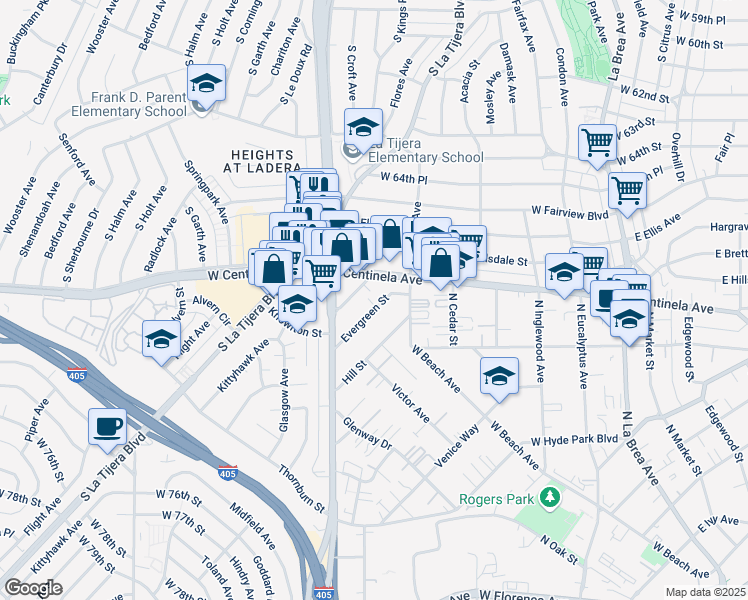 map of restaurants, bars, coffee shops, grocery stores, and more near 517 Evergreen Street in Inglewood