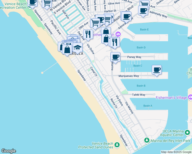 map of restaurants, bars, coffee shops, grocery stores, and more near 114 Fleet Street in Marina del Rey