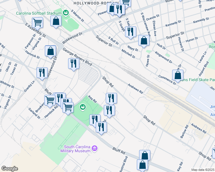 map of restaurants, bars, coffee shops, grocery stores, and more near 1054 Shop Road in Columbia