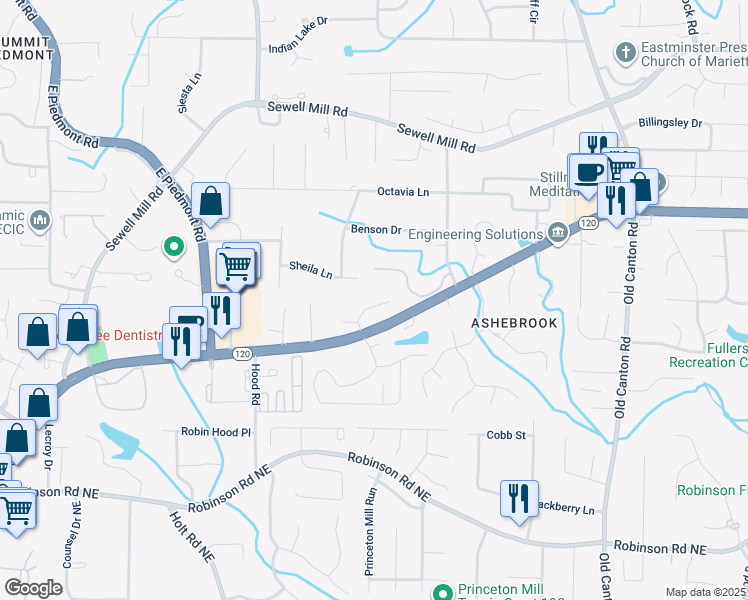 map of restaurants, bars, coffee shops, grocery stores, and more near 909 Sunny Meadows Lane in Marietta