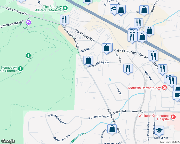 map of restaurants, bars, coffee shops, grocery stores, and more near 824 Kennesaw Avenue Northwest in Marietta