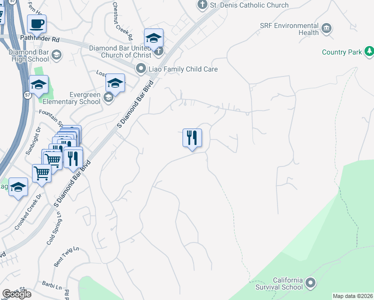 map of restaurants, bars, coffee shops, grocery stores, and more near 2641 Wagon Train Lane in Diamond Bar