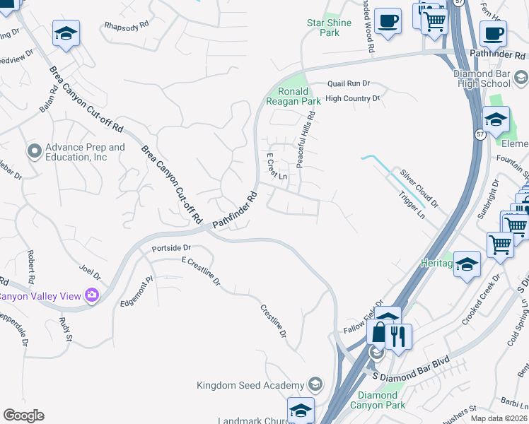 map of restaurants, bars, coffee shops, grocery stores, and more near 20736 Timberline Lane in Diamond Bar