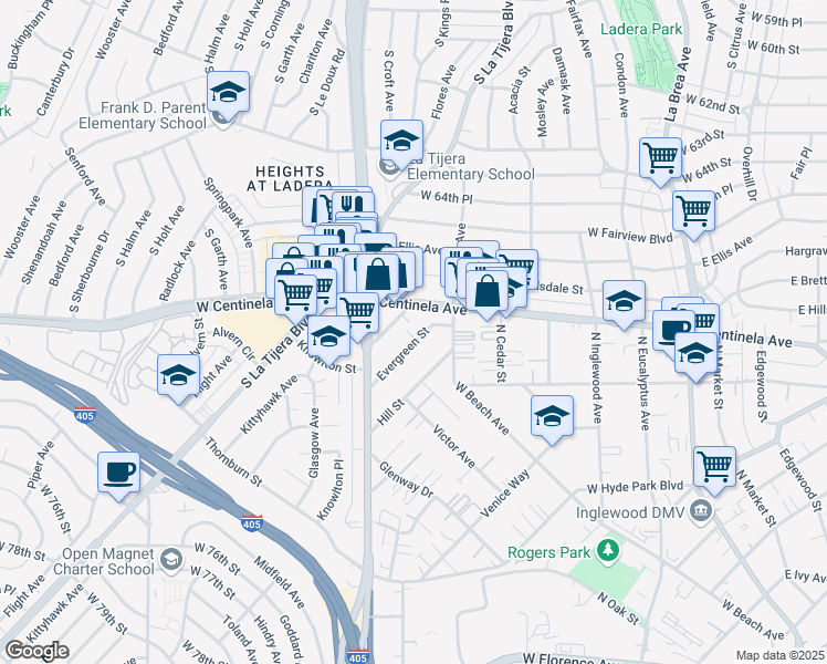 map of restaurants, bars, coffee shops, grocery stores, and more near 517 Evergreen Street in Inglewood