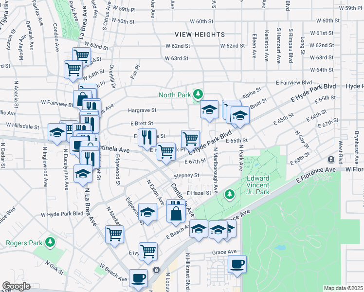 map of restaurants, bars, coffee shops, grocery stores, and more near 579 East Hyde Park Place in Inglewood
