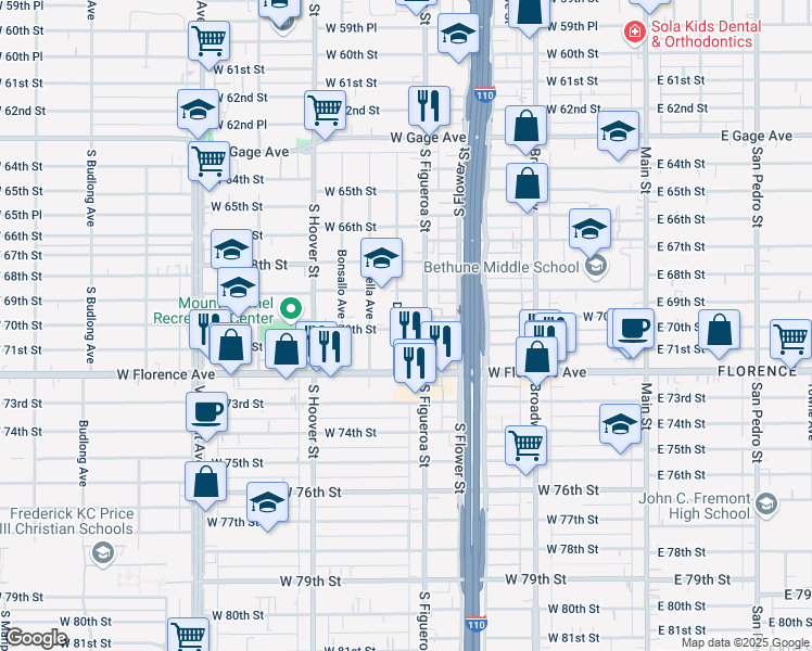 map of restaurants, bars, coffee shops, grocery stores, and more near 515 West 70th Street in Los Angeles
