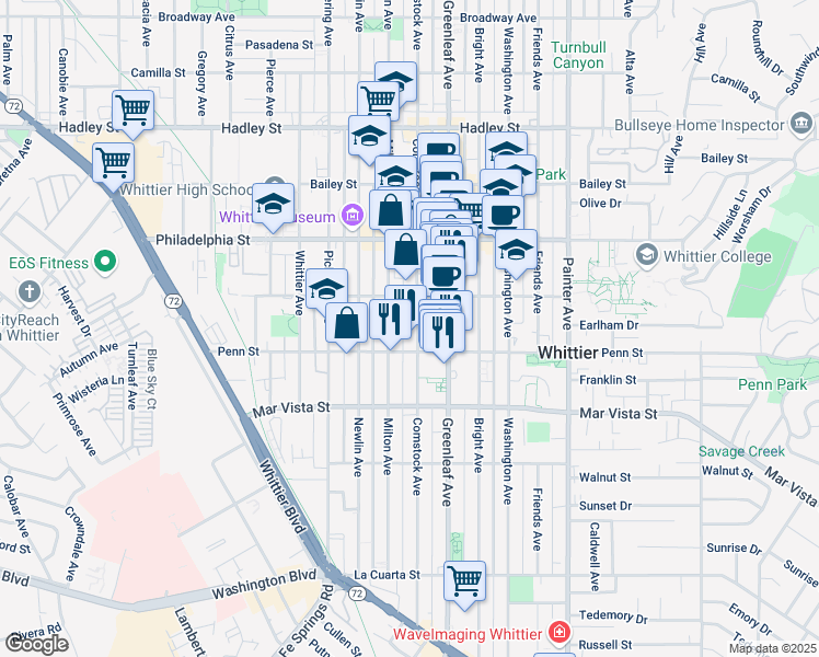 map of restaurants, bars, coffee shops, grocery stores, and more near 7245 Comstock Avenue in Whittier