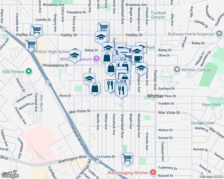 map of restaurants, bars, coffee shops, grocery stores, and more near 7251 Comstock Avenue in Whittier