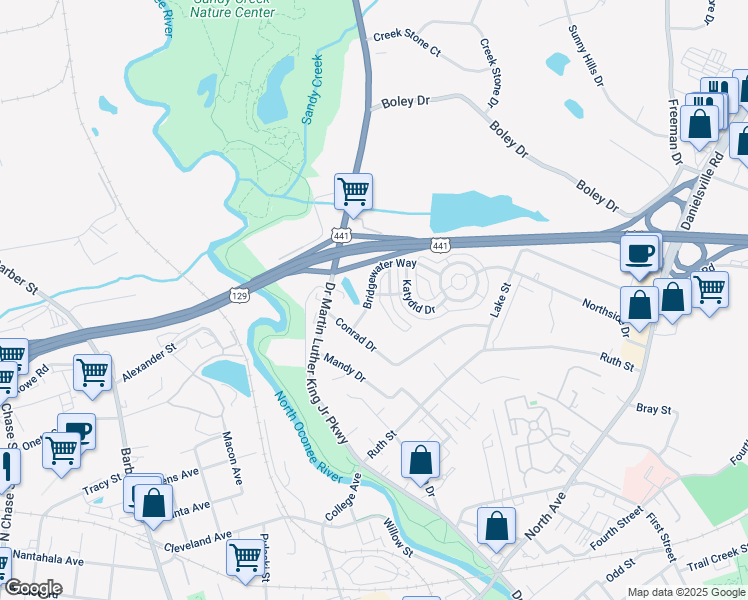 map of restaurants, bars, coffee shops, grocery stores, and more near 140 Bridgewater Way in Athens