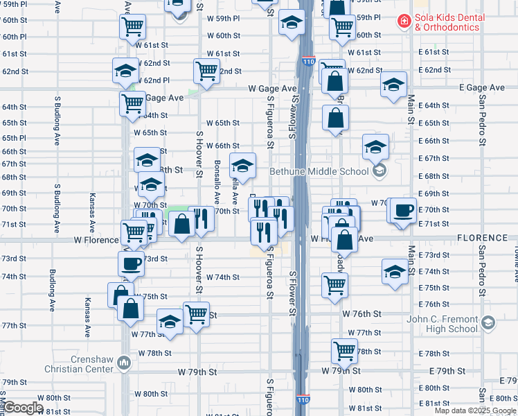 map of restaurants, bars, coffee shops, grocery stores, and more near 515 West 70th Street in Los Angeles