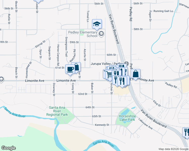 map of restaurants, bars, coffee shops, grocery stores, and more near 9081 Limonite Avenue in Riverside