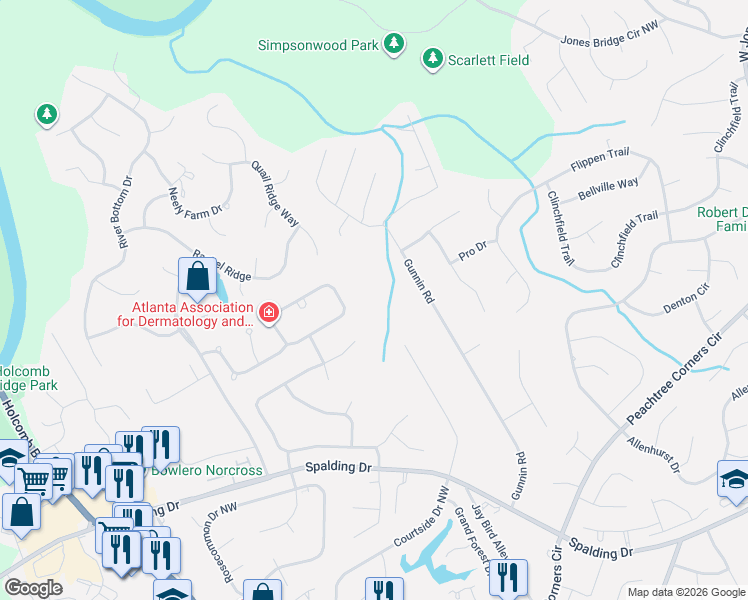 map of restaurants, bars, coffee shops, grocery stores, and more near 4110 Spalding Hollow Northwest in Norcross