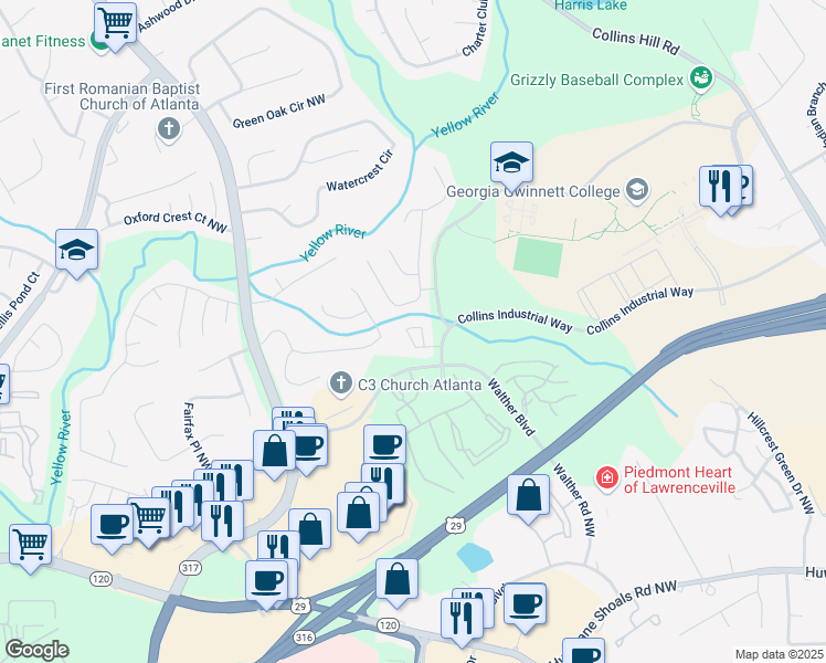 map of restaurants, bars, coffee shops, grocery stores, and more near 944 Tree Creek Boulevard in Lawrenceville