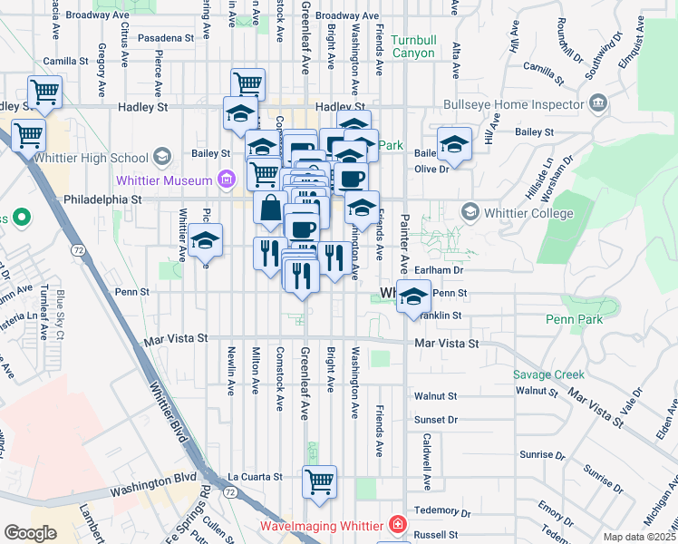 map of restaurants, bars, coffee shops, grocery stores, and more near 7232 Bright Avenue in Whittier
