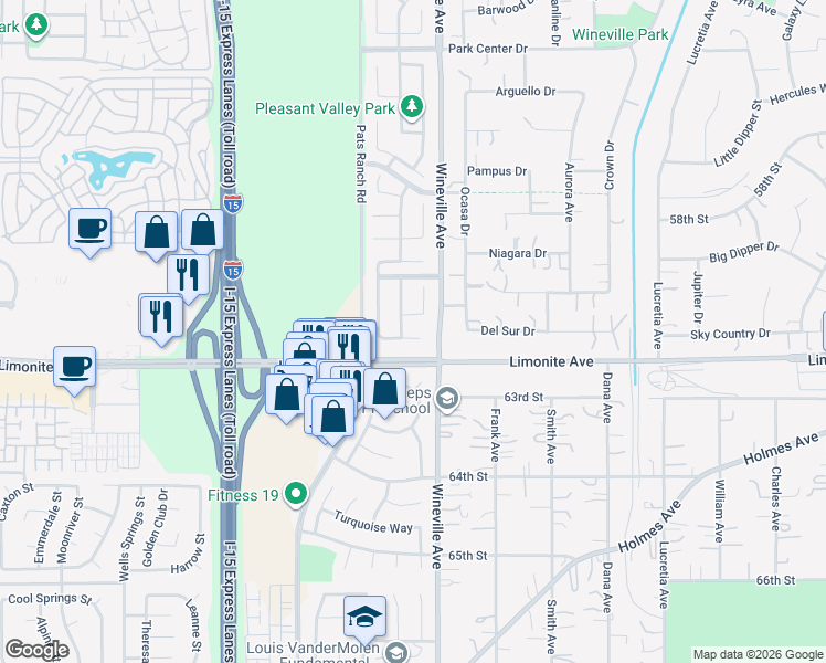 map of restaurants, bars, coffee shops, grocery stores, and more near 11915 Berlyn Dove Court in Jurupa Valley