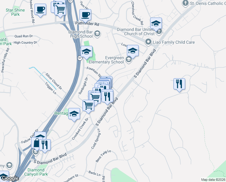 map of restaurants, bars, coffee shops, grocery stores, and more near 2705 South Diamond Bar Boulevard in Diamond Bar