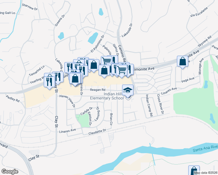 map of restaurants, bars, coffee shops, grocery stores, and more near 6161 Jennifer Lane in Riverside