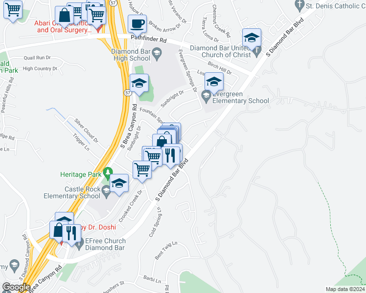 map of restaurants, bars, coffee shops, grocery stores, and more near 2705 South Diamond Bar Boulevard in Diamond Bar