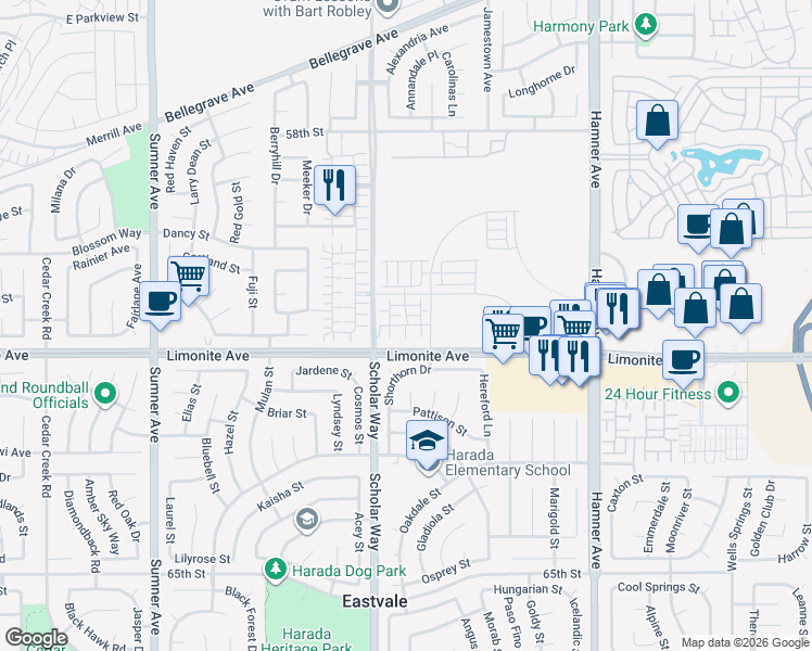 map of restaurants, bars, coffee shops, grocery stores, and more near 12937 Paradiso Drive in Eastvale