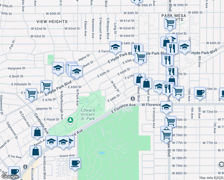 map of restaurants, bars, coffee shops, grocery stores, and more near 958 East 67th Street in Inglewood