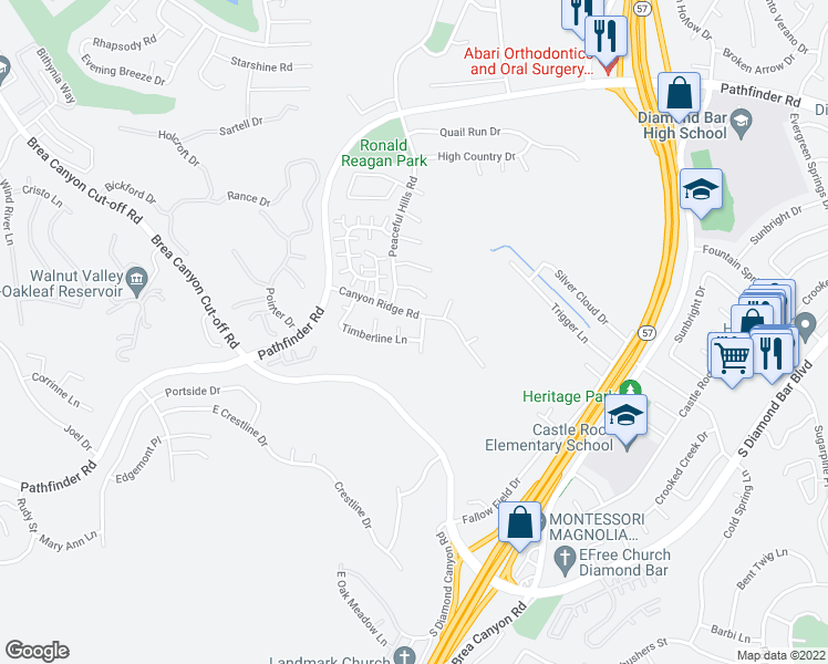 map of restaurants, bars, coffee shops, grocery stores, and more near 20843 Timberline Lane in Walnut