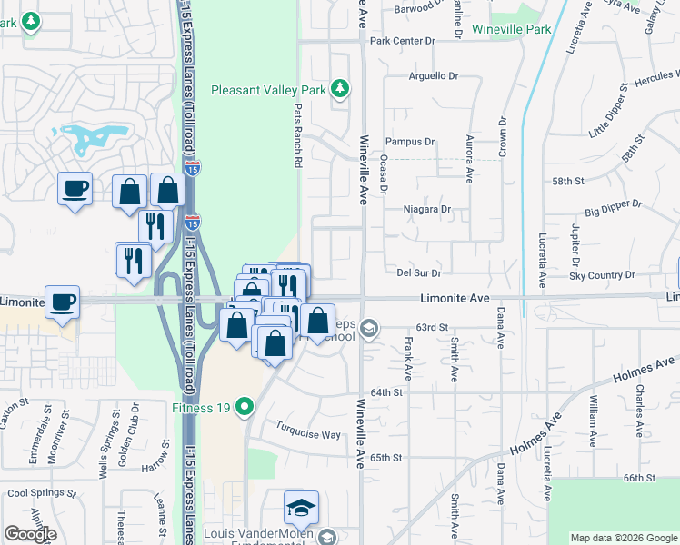 map of restaurants, bars, coffee shops, grocery stores, and more near 11915 Berlyn Dove Court in Jurupa Valley