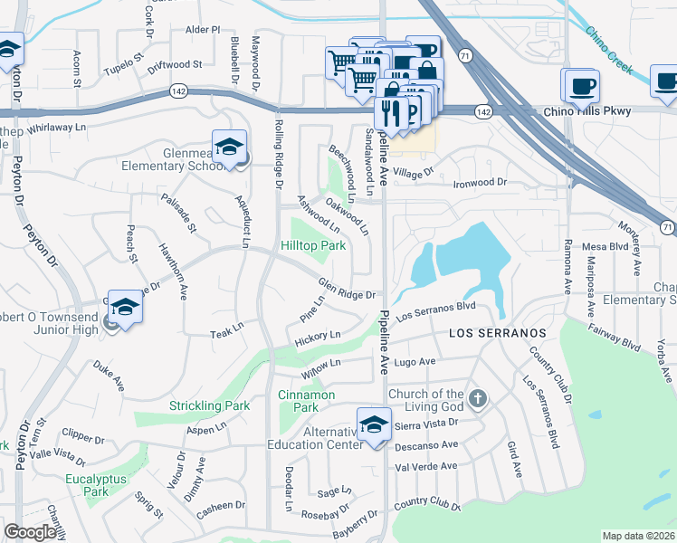 map of restaurants, bars, coffee shops, grocery stores, and more near 15261 Pine Lane in Chino Hills