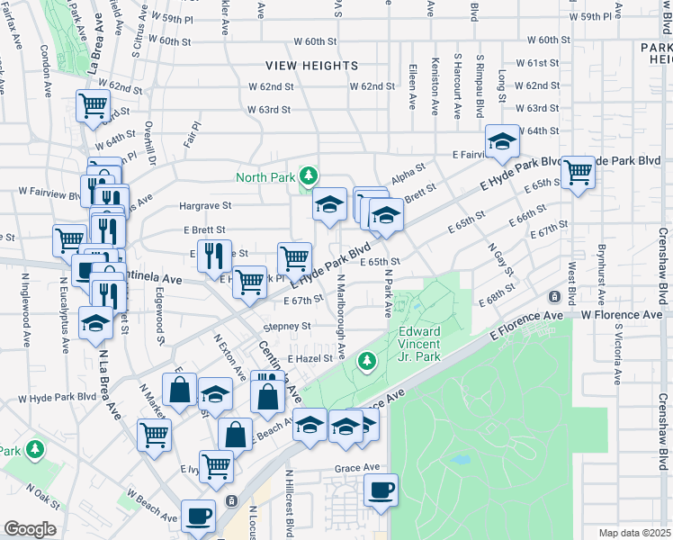 map of restaurants, bars, coffee shops, grocery stores, and more near 1123 North Marlborough Avenue in Inglewood