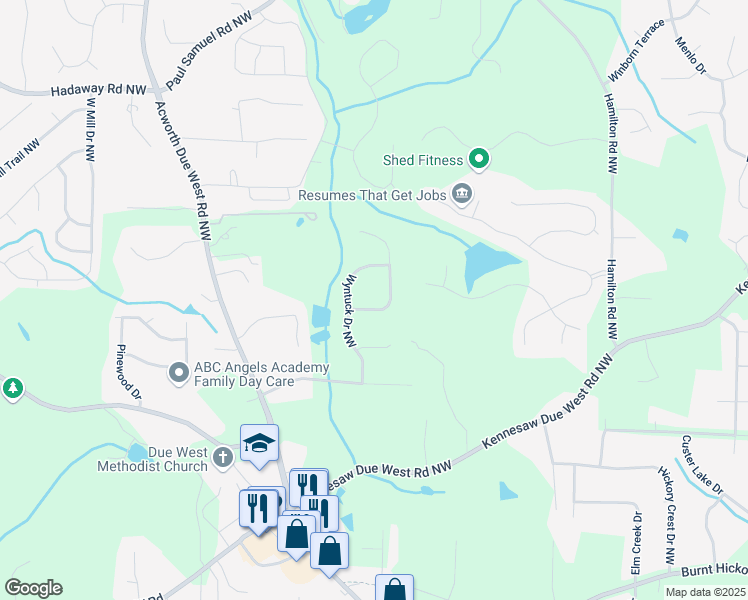map of restaurants, bars, coffee shops, grocery stores, and more near 862 Wyntuck Drive Northwest in Kennesaw