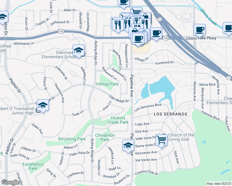 map of restaurants, bars, coffee shops, grocery stores, and more near 15261 Pine Lane in Chino Hills