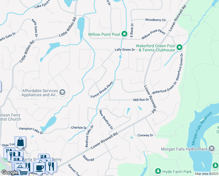 map of restaurants, bars, coffee shops, grocery stores, and more near 5270 Forest Brook Parkway in Marietta