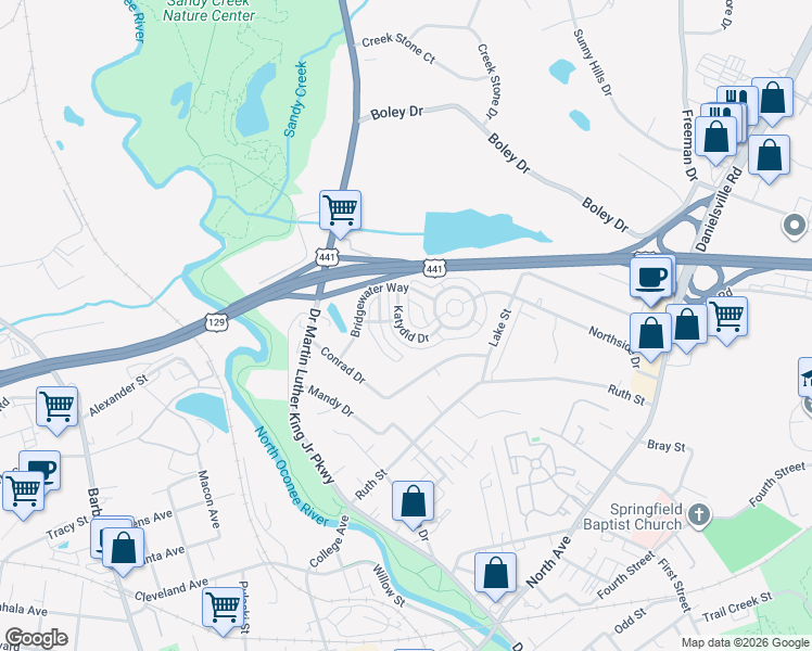 map of restaurants, bars, coffee shops, grocery stores, and more near 201 Katydid Drive in Athens