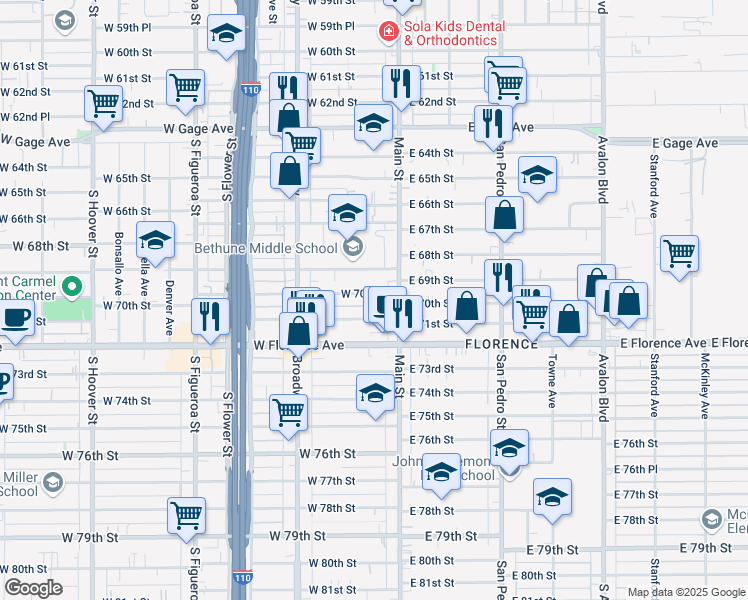 map of restaurants, bars, coffee shops, grocery stores, and more near 128 West 70th Street in Los Angeles