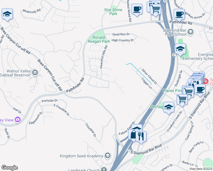 map of restaurants, bars, coffee shops, grocery stores, and more near 20843 Timberline Lane in Walnut