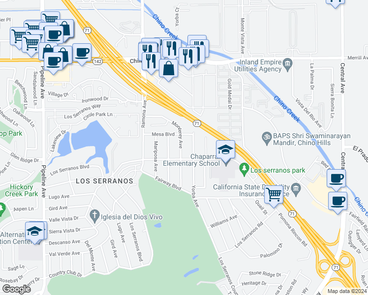 map of restaurants, bars, coffee shops, grocery stores, and more near 15253 Monterey Avenue in Chino Hills
