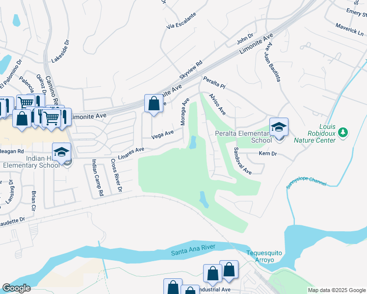 map of restaurants, bars, coffee shops, grocery stores, and more near 6161 Moraga Avenue in Riverside