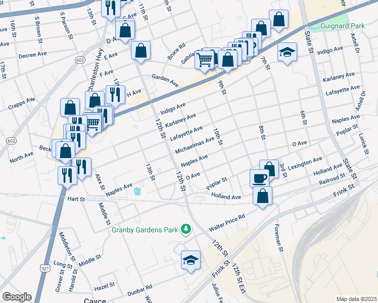 map of restaurants, bars, coffee shops, grocery stores, and more near 1111 Michaelmas Avenue in West Columbia